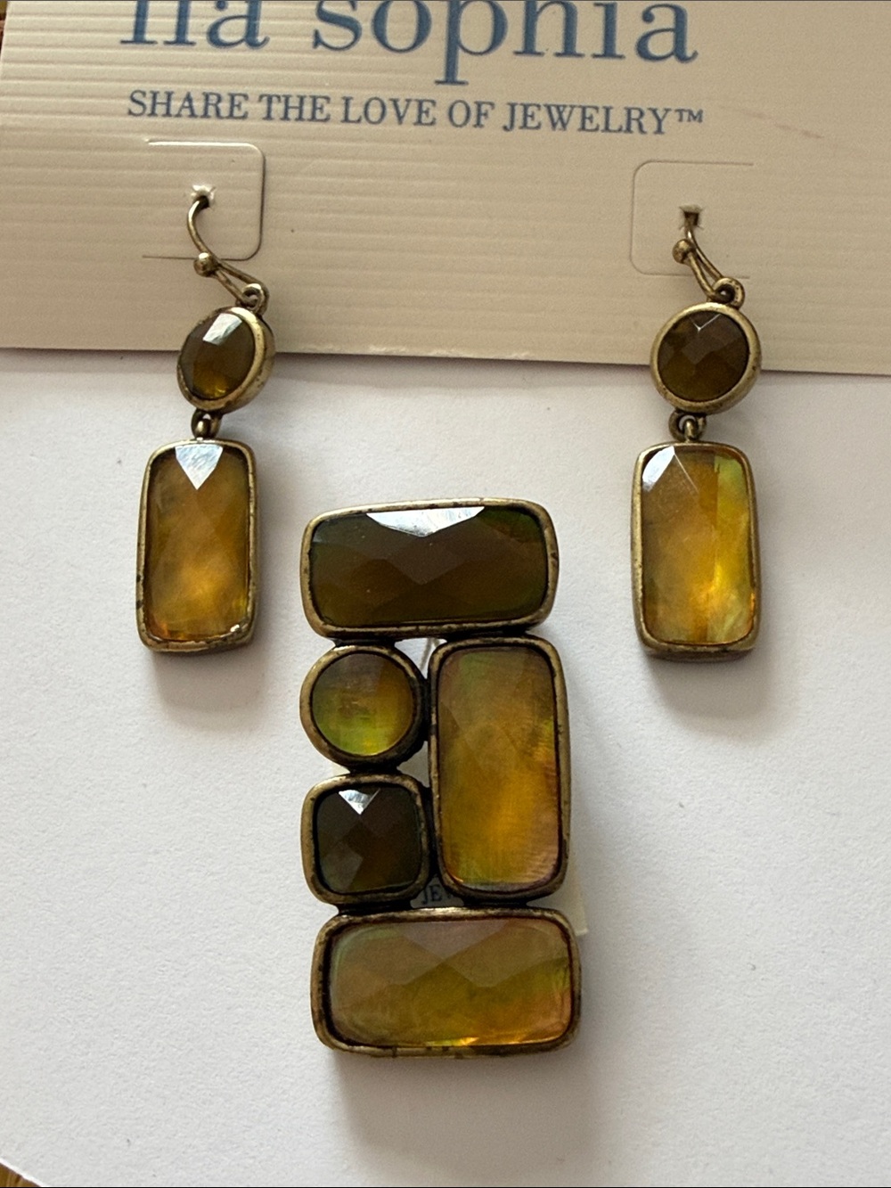 Lia Sophia Olive-Gold Faceted Glass Pendant and Drop Earrings